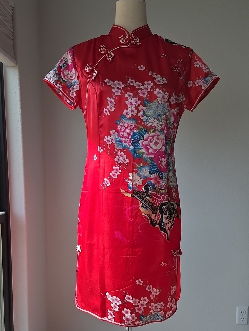 Red Silk Floral Chinese Cheongsam Mini Dress High Collar Chrysanthemum Blossoms
